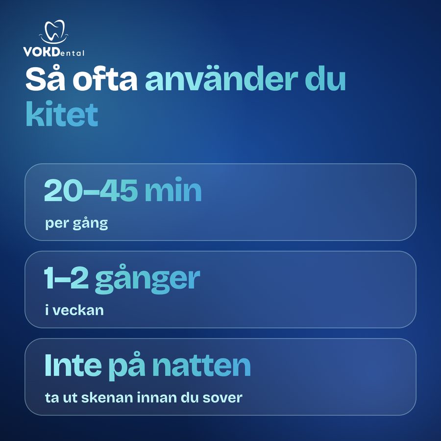 Användning av tandblekningskitet: 20–45 minuter per gång, 1–2 gånger i veckan