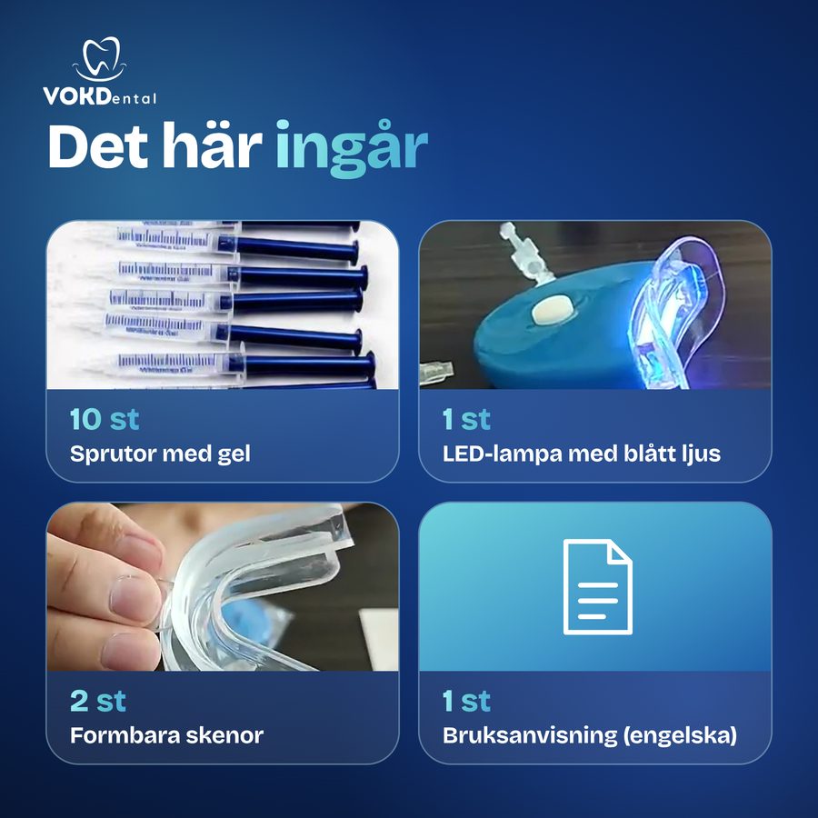 Det här ingår i tandblekningskitet: 10 sprutor gel, LED-lampa, 2 skenor och bruksanvisning
